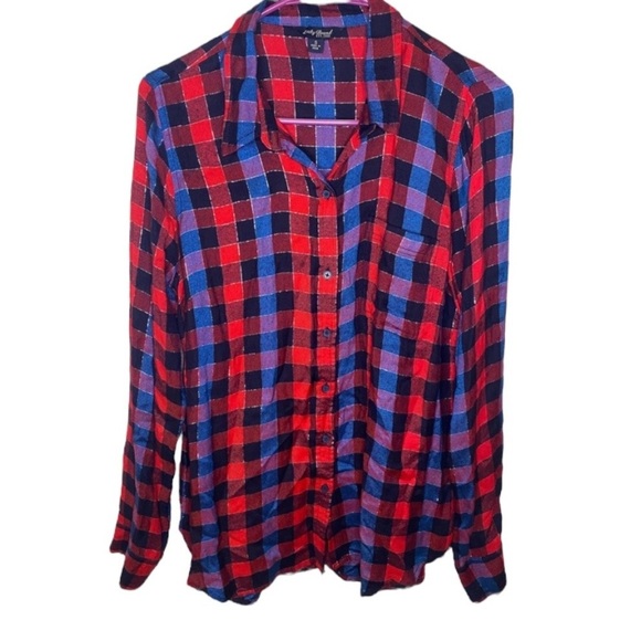 Lucky Brand Plaid Blue and Red sparkle button up with open layered back - Picture 1 of 8